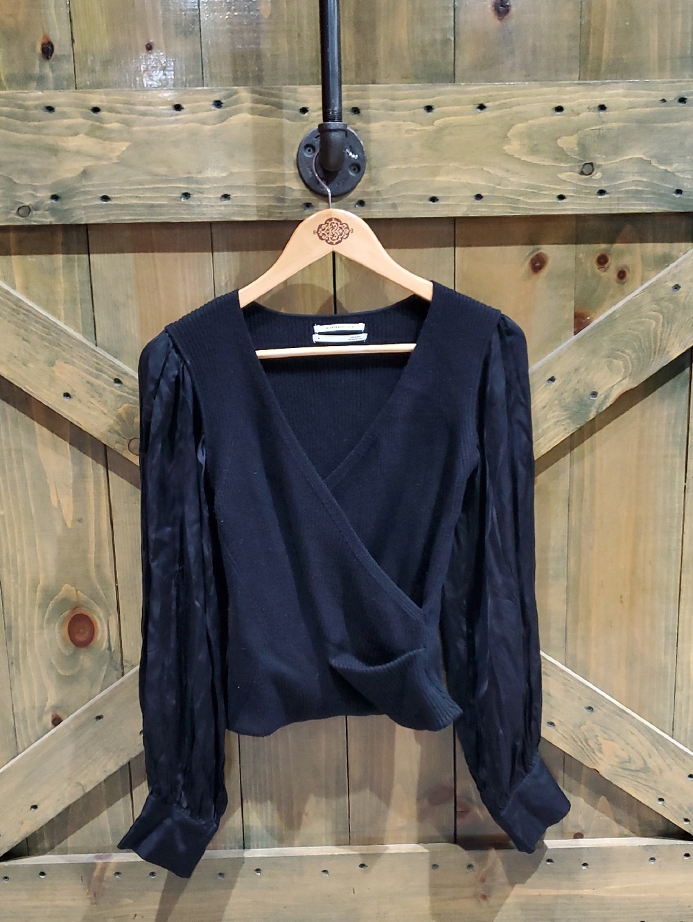 Anthropologie Black Wrap Sweater with Sheer Long Sleeves